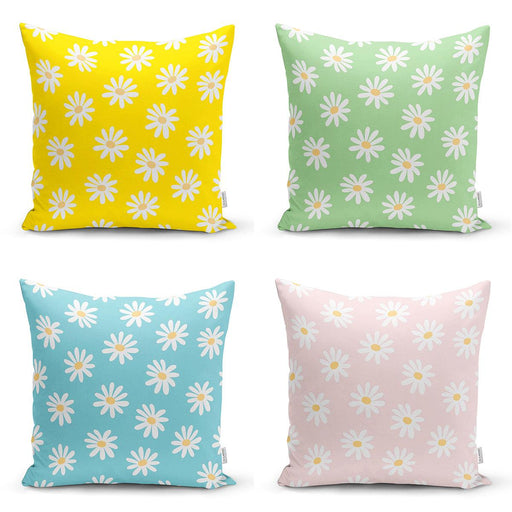 Renkli Zemin Papatya Tasarımlı Dijital Baskılı Modern 4lü Kırlent Kılıfı Seti Bonvagon