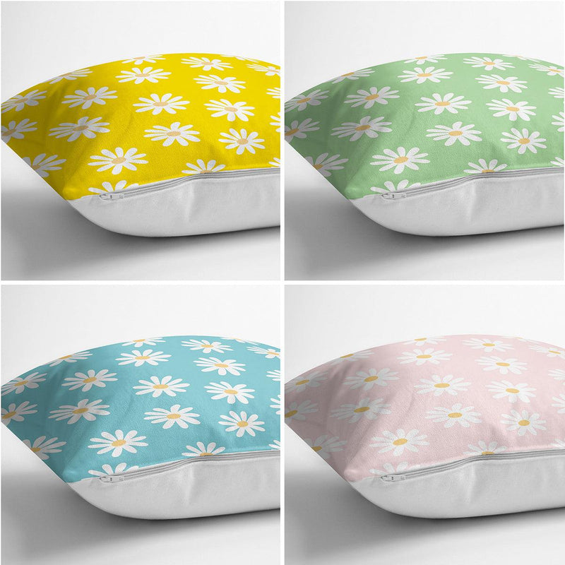 Renkli Zemin Papatya Tasarımlı Dijital Baskılı Modern 4lü Kırlent Kılıfı Seti Bonvagon