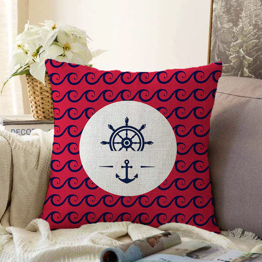 Renkli Zemin Üzerinde Çapa Desenli Dijital Baskılı Modern Raşel Kadife Yastık Kırlent Kılıfı Bonvagon