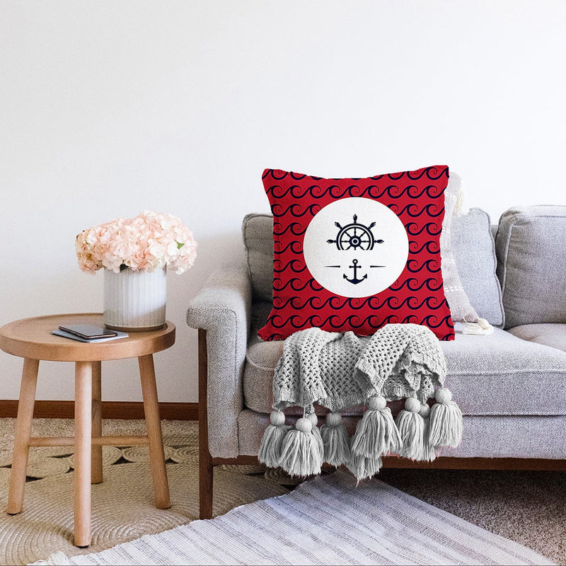 Renkli Zemin Üzerinde Çapa Desenli Dijital Baskılı Modern Raşel Kadife Yastık Kırlent Kılıfı Bonvagon