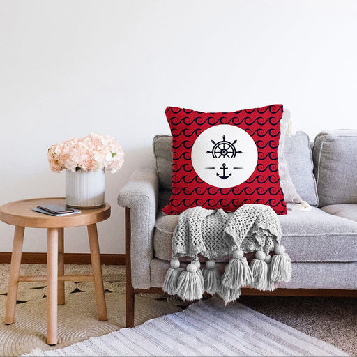 Renkli Zemin Üzerinde Çapa Desenli Dijital Baskılı Modern Raşel Kadife Yastık Kırlent Kılıfı Bonvagon