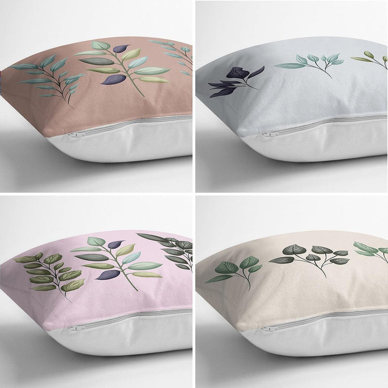 Renkli Zemin Yaprak Dalları Özel Tasarım Dijital Baskılı Modern 4lü Kırlent Kılıfı Seti