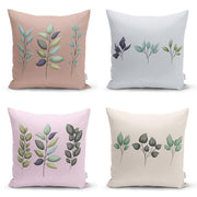 Renkli Zemin Yaprak Dalları Özel Tasarım Dijital Baskılı Modern 4lü Kırlent Kılıfı Seti Bonvagon