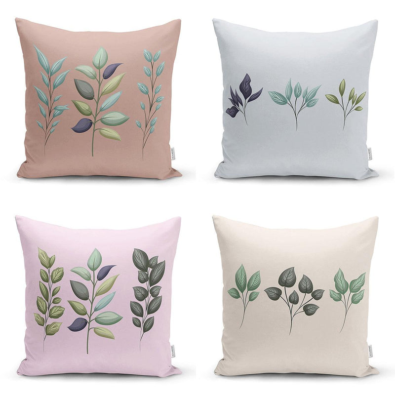 Renkli Zemin Yaprak Dalları Özel Tasarım Dijital Baskılı Modern 4lü Kırlent Kılıfı Seti Bonvagon