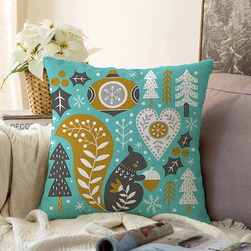 Renkli Zeminde Sincap Desenli Dijital Baskılı Modern Raşel Kadife Yastık Kırlent Kılıfı Bonvagon