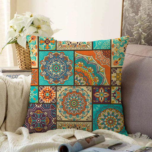 Renkli Zeminli Geometrik Desenli Dijital Baskılı Modern Raşel Kadife Yastık Kırlent Kılıfı Bonvagon