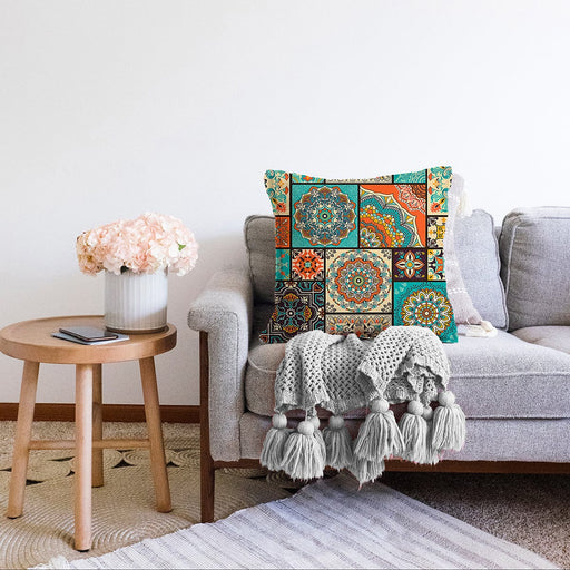 Renkli Zeminli Geometrik Desenli Dijital Baskılı Modern Raşel Kadife Yastık Kırlent Kılıfı Bonvagon