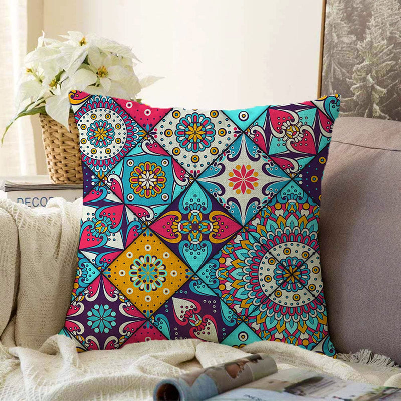 Renkli Zeminli Geometrik Desenli Dijital Baskılı Modern Raşel Kadife Yastık Kırlent Kılıfı Bonvagon