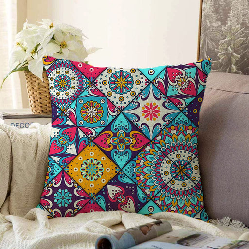 Renkli Zeminli Geometrik Desenli Dijital Baskılı Modern Raşel Kadife Yastık Kırlent Kılıfı Bonvagon