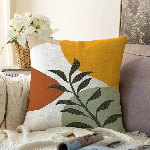 Renkli Zeminli Onedraw Çizimli Yaprak Desenli Dijital Baskılı Modern Raşel Kadife Yastık Kılıfı Bonvagon