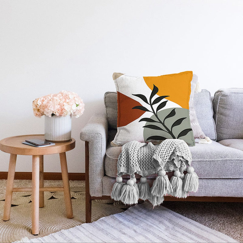 Renkli Zeminli Onedraw Çizimli Yaprak Desenli Dijital Baskılı Modern Raşel Kadife Yastık Kılıfı Bonvagon