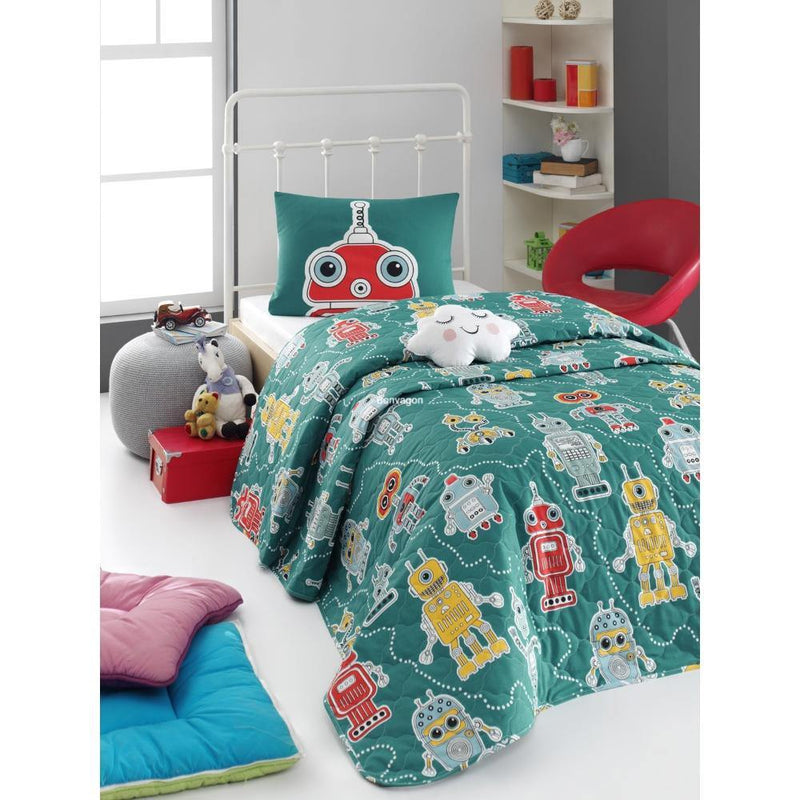 Robotte Yeşil Kapitoneli Yatak Örtüsü Seti (Çarşafsız) %100 Doğal Pamuk Ranforce Bonvagon