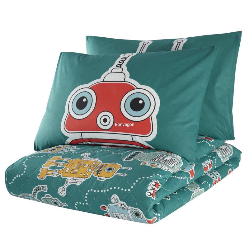 Robotte Yeşil Kapitoneli Yatak Örtüsü Seti (Çarşafsız) %100 Doğal Pamuk Ranforce Bonvagon