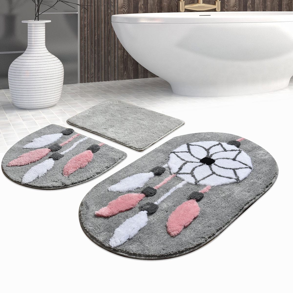 Rüya Gri 3lü Set Akrilik Banyo Paspas ve Halısı, Kaymaz Taban, Yıkanabilir Bonvagon