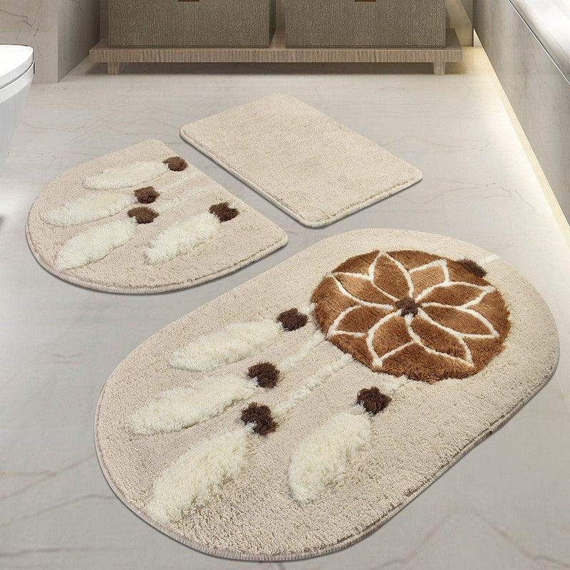 Rüya Kahve 3lü Set Akrilik Banyo Paspas ve Halısı, Kaymaz Taban, Yıkanabilir Bonvagon