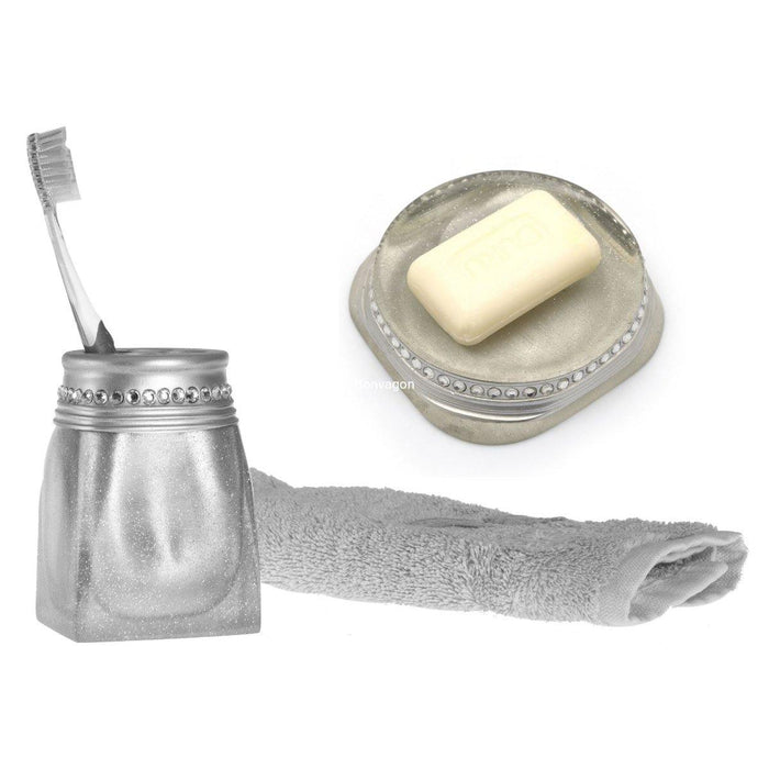 Sabunluk diş fircalik 2li Banyo Seti, kristal Taşlı Gümüş Poliresin Bonvagon