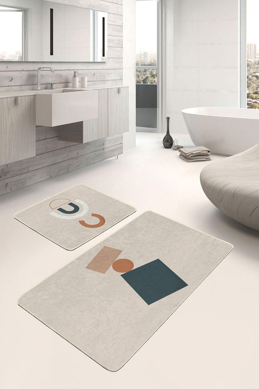 Sanatsal Motifli Dijital Baskılı 2li Banyo Halısı Takımı Kaymaz Taban Yıkanabilir Bonvagon