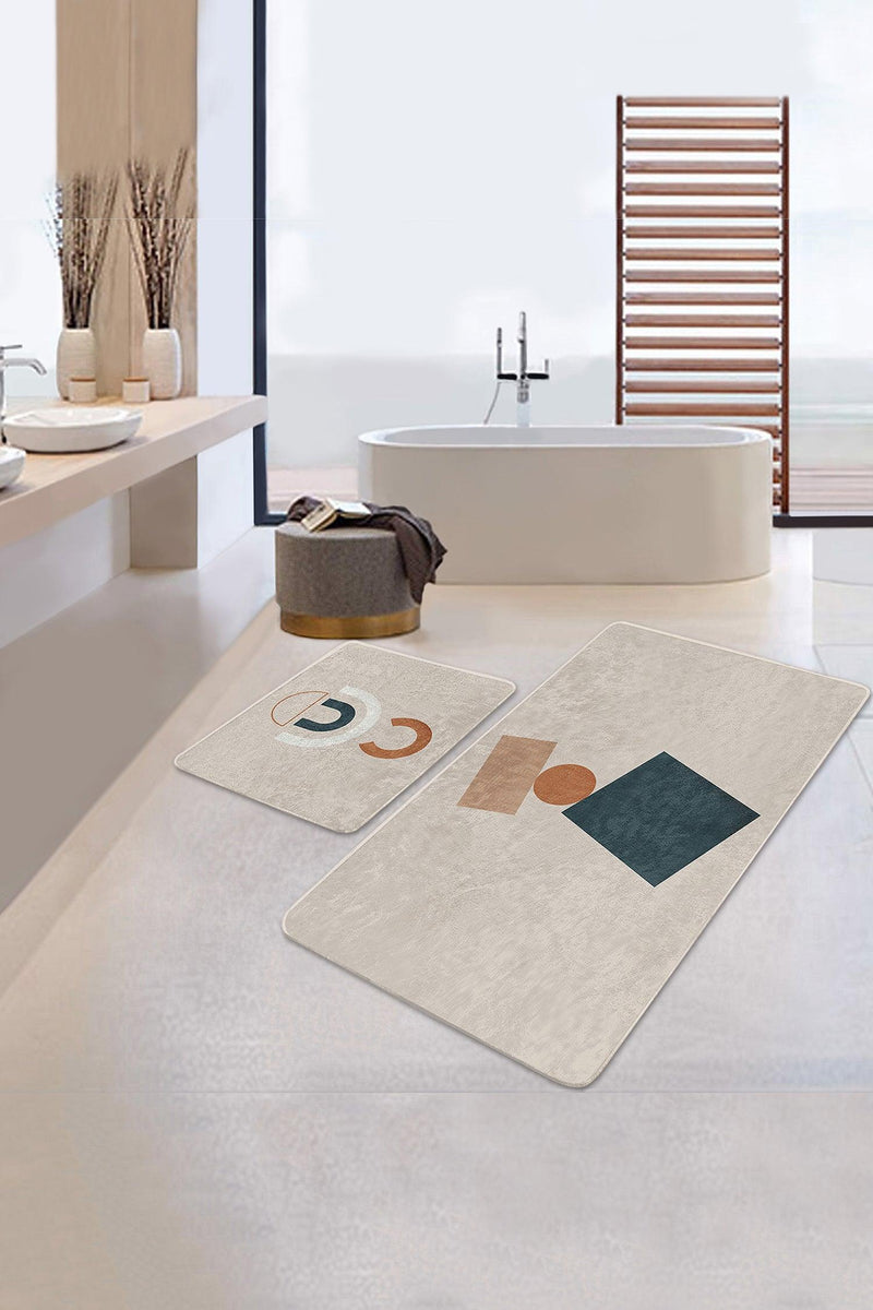 Sanatsal Motifli Dijital Baskılı 2li Banyo Halısı Takımı Kaymaz Taban Yıkanabilir Bonvagon
