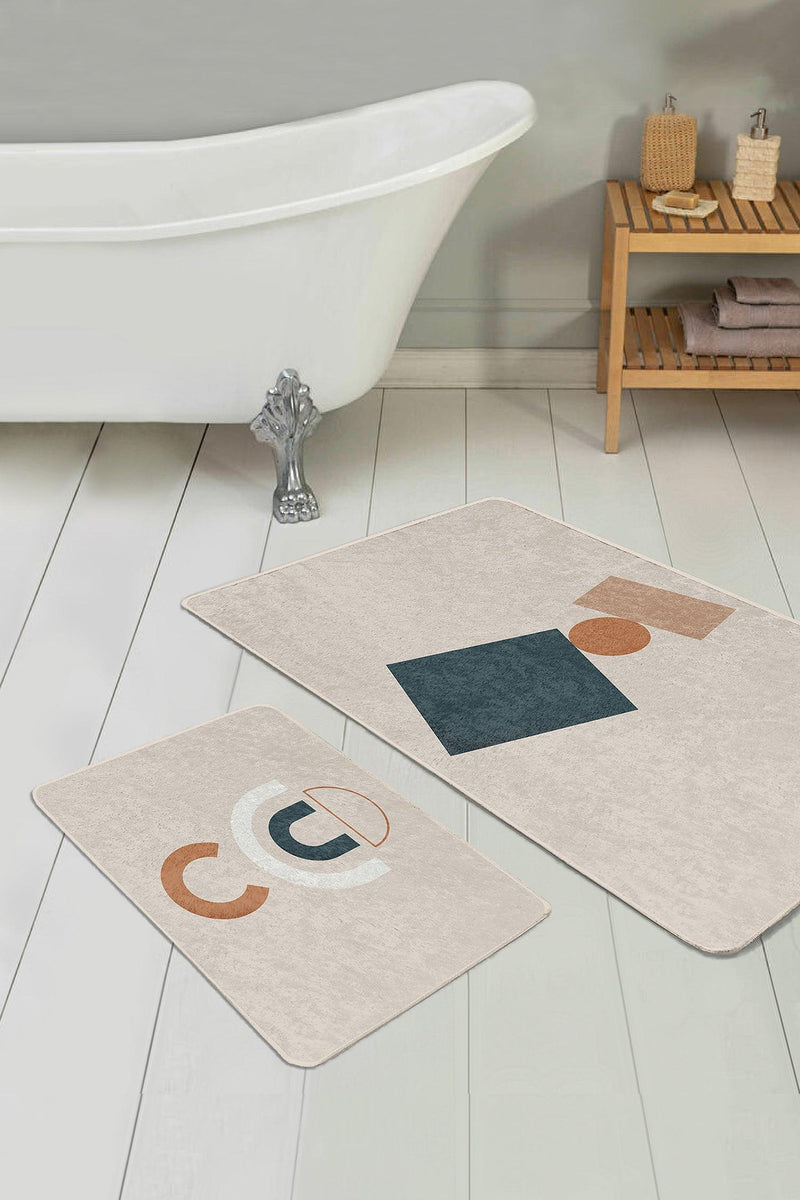 Sanatsal Motifli Dijital Baskılı 2li Banyo Halısı Takımı Kaymaz Taban Yıkanabilir Bonvagon
