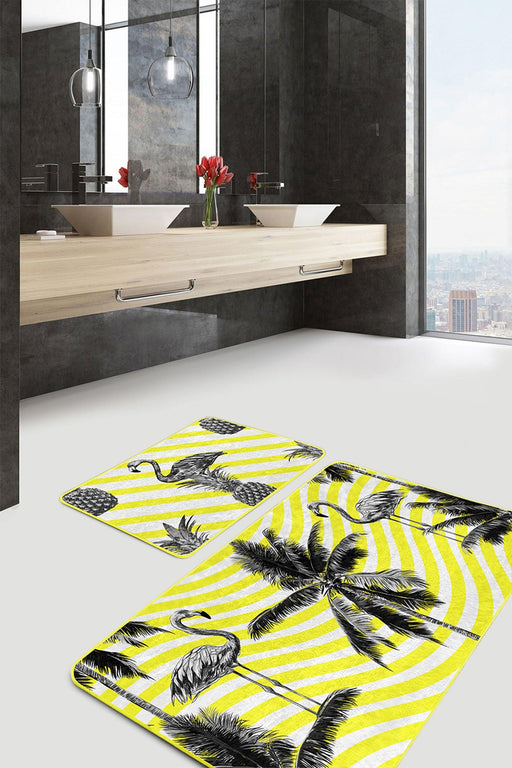 Sarı Çizgili Zemin Siyah Flamingo Tasarımlı 2li Banyo Halısı Takımı Kaymaz Taban Yıkanabilir Bonvagon