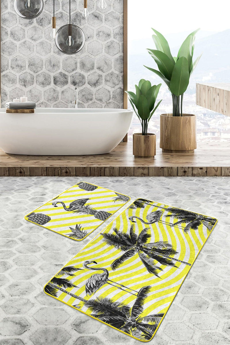 Sarı Çizgili Zemin Siyah Flamingo Tasarımlı 2li Banyo Halısı Takımı Kaymaz Taban Yıkanabilir Bonvagon