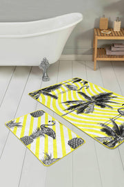 Sarı Çizgili Zemin Siyah Flamingo Tasarımlı 2li Banyo Halısı Takımı Kaymaz Taban Yıkanabilir Bonvagon
