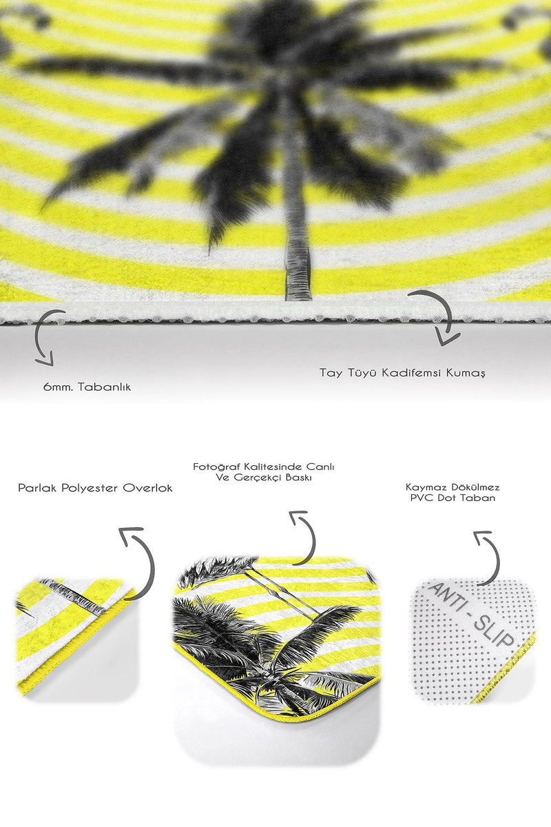 Sarı Çizgili Zemin Siyah Flamingo Tasarımlı 2li Banyo Halısı Takımı Kaymaz Taban Yıkanabilir Bonvagon