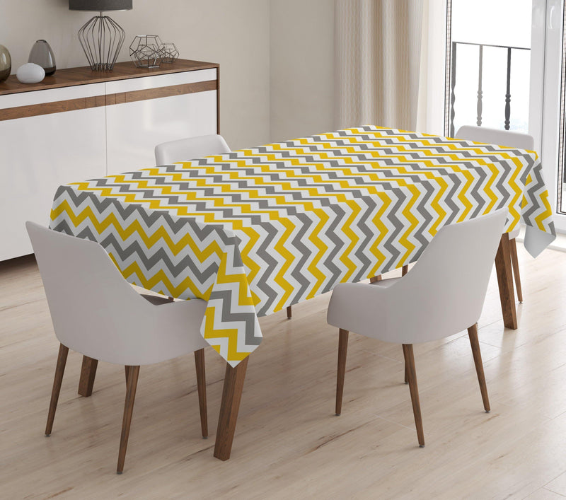 Sarı Gri Tonlarda Zigzag Desenli Dijital Baskılı Masa Örtüsü