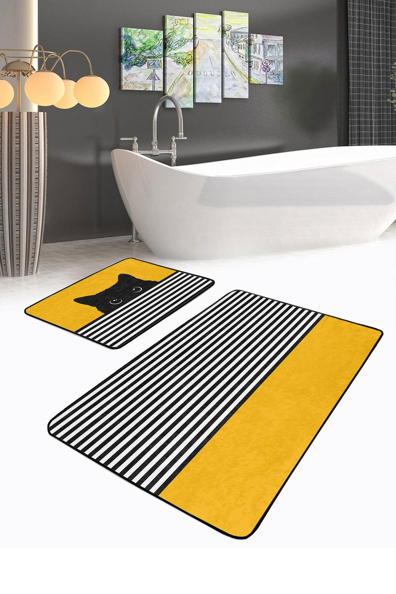 Sarı Motifli Kedi Desenli Çizgili 2li Banyo Halısı Takımı Kaymaz Taban Yıkanabilir Bonvagon