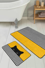 Sarı Motifli Kedi Desenli Çizgili 2li Banyo Paspas ve Halısı Takımı Kaymaz Taban Yıkanabilir