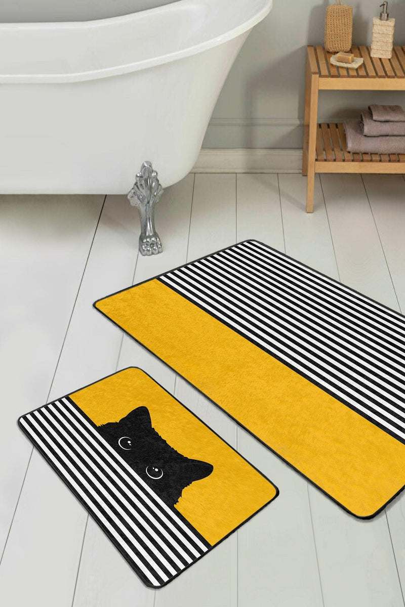 Sarı Motifli Kedi Desenli Çizgili 2li Banyo Paspas ve Halısı Takımı Kaymaz Taban Yıkanabilir
