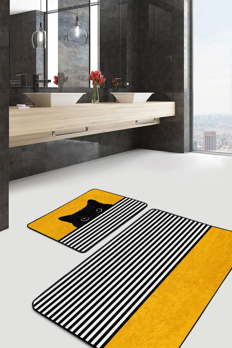 Sarı Motifli Kedi Desenli Çizgili 2li Banyo Paspas ve Halısı Takımı Kaymaz Taban Yıkanabilir