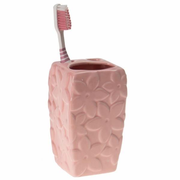 Seramik Diş Fırçalık Çiçekli Pembe Model Bonvagon