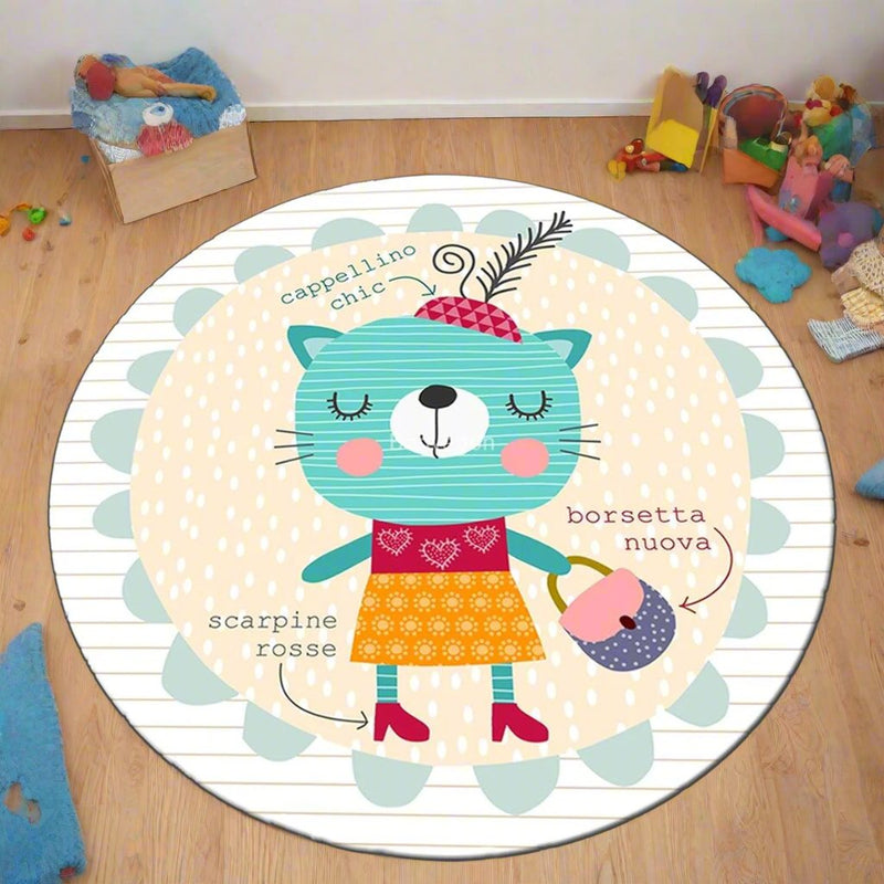 Sevimli Kedi Borsetta Dijital Baskılı Yuvarlak Çocuk Halısı, Kaymaz Taban, Yıkanabilir Bonvagon