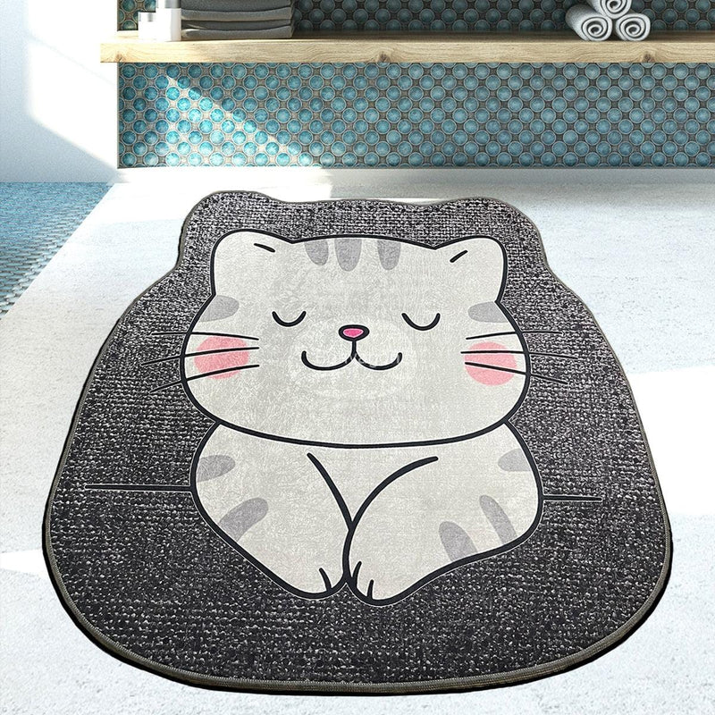 Sevimli Kedi Neko Dijital Baskılı Yuvarlak Çocuk Halısı, Kaymaz Taban, Yıkanabilir Bonvagon
