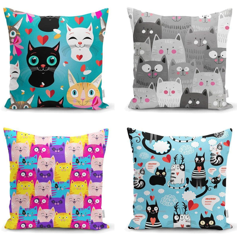 Sevimli Kediler 4lü Yastık Kırlent Kılıf Seti Bonvagon