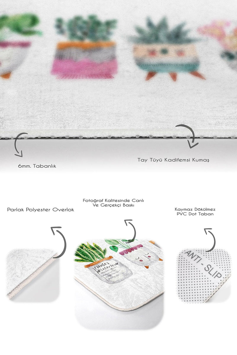 Sevimli Saksılı Çiçekler Özel Tasarım 2li Banyo Halısı Takımı Kaymaz Taban Yıkanabilir Bonvagon