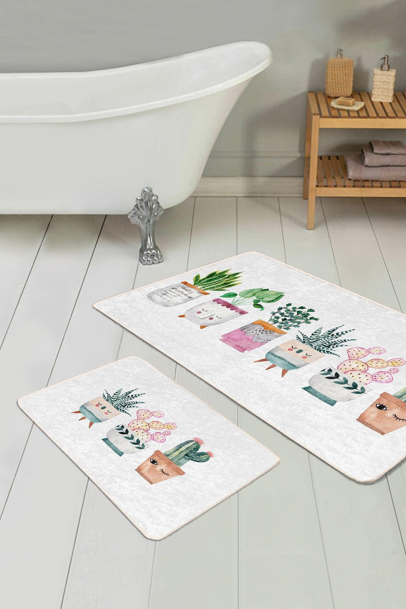 Sevimli Saksılı Çiçekler Özel Tasarım 2li Banyo Paspas ve Halısı Takımı Kaymaz Taban Yıkanabilir