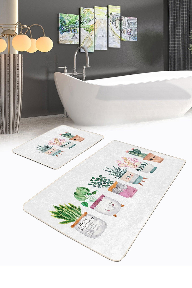 Sevimli Saksılı Çiçekler Özel Tasarım 2li Banyo Paspas ve Halısı Takımı Kaymaz Taban Yıkanabilir