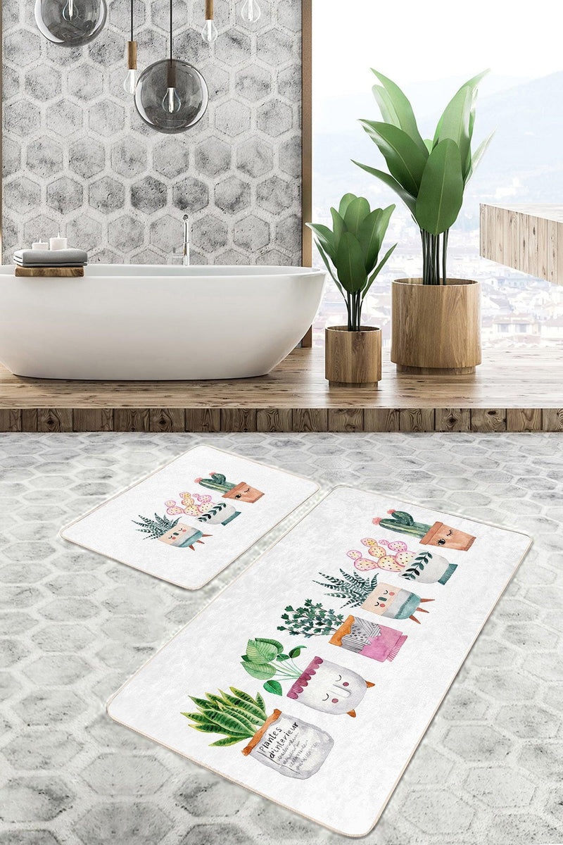 Sevimli Saksılı Çiçekler Özel Tasarım 2li Banyo Paspas ve Halısı Takımı Kaymaz Taban Yıkanabilir