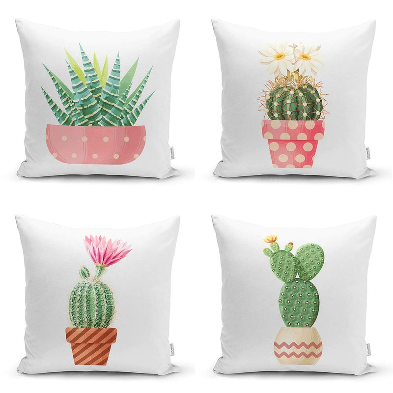 Sevimli Saksılı Kaktüs Tasarımlı Dijital Baskılı Modern 4lü Kırlent Kılıfı Seti Bonvagon