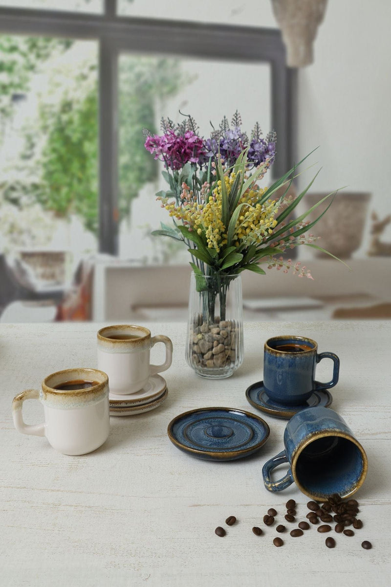 Shizen Mavi / Krem Formart Kahve Takımı 8 Parça 4 Kişilik Q39-Q44 Bonvagon