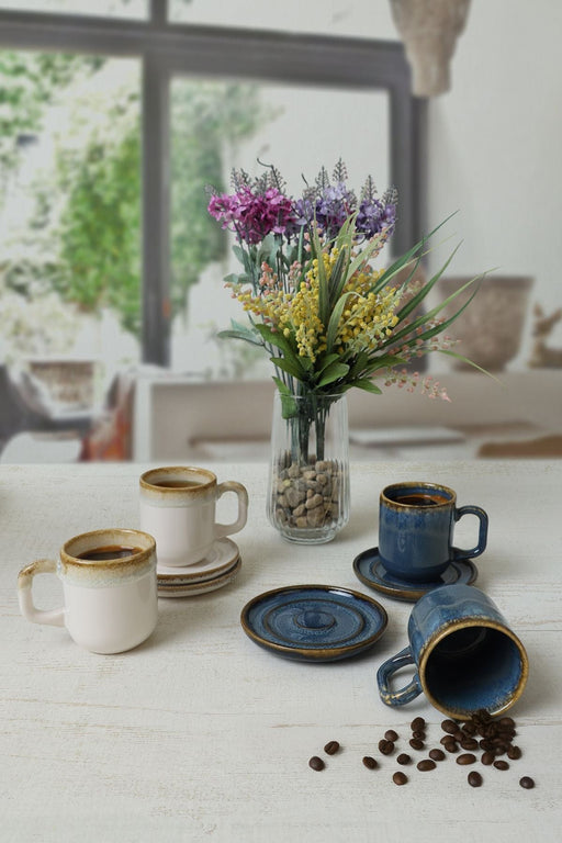 Shizen Mavi / Krem Formart Kahve Takımı 8 Parça 4 Kişilik Q39-Q44 Bonvagon