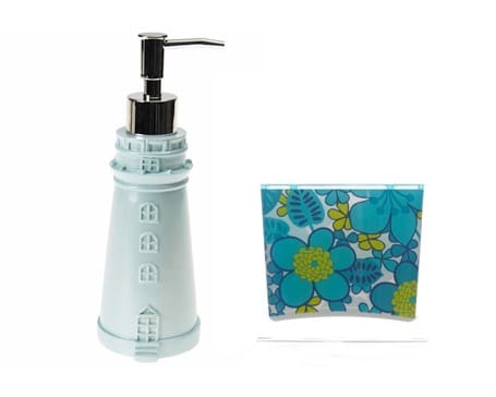 Sıvı Sabunluk Ve Diş Fırçalık 2 Li Banyo Seti,Deniz Feneri Ve Mavi Çiçekli Bonvagon