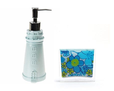 Sıvı Sabunluk Ve Diş Fırçalık 2 Li Banyo Seti,Deniz Feneri Ve Mavi Çiçekli Bonvagon