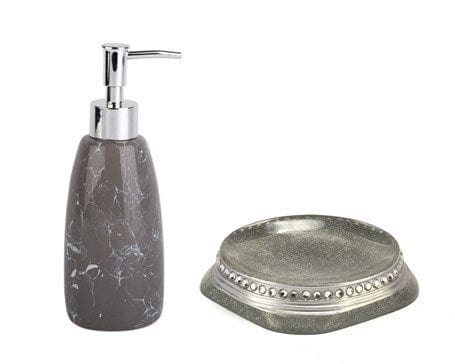 Sıvı Sabunluk Ve Sabunluk 2 Li Banyo Seti,Taşlı Gümüş Bonvagon