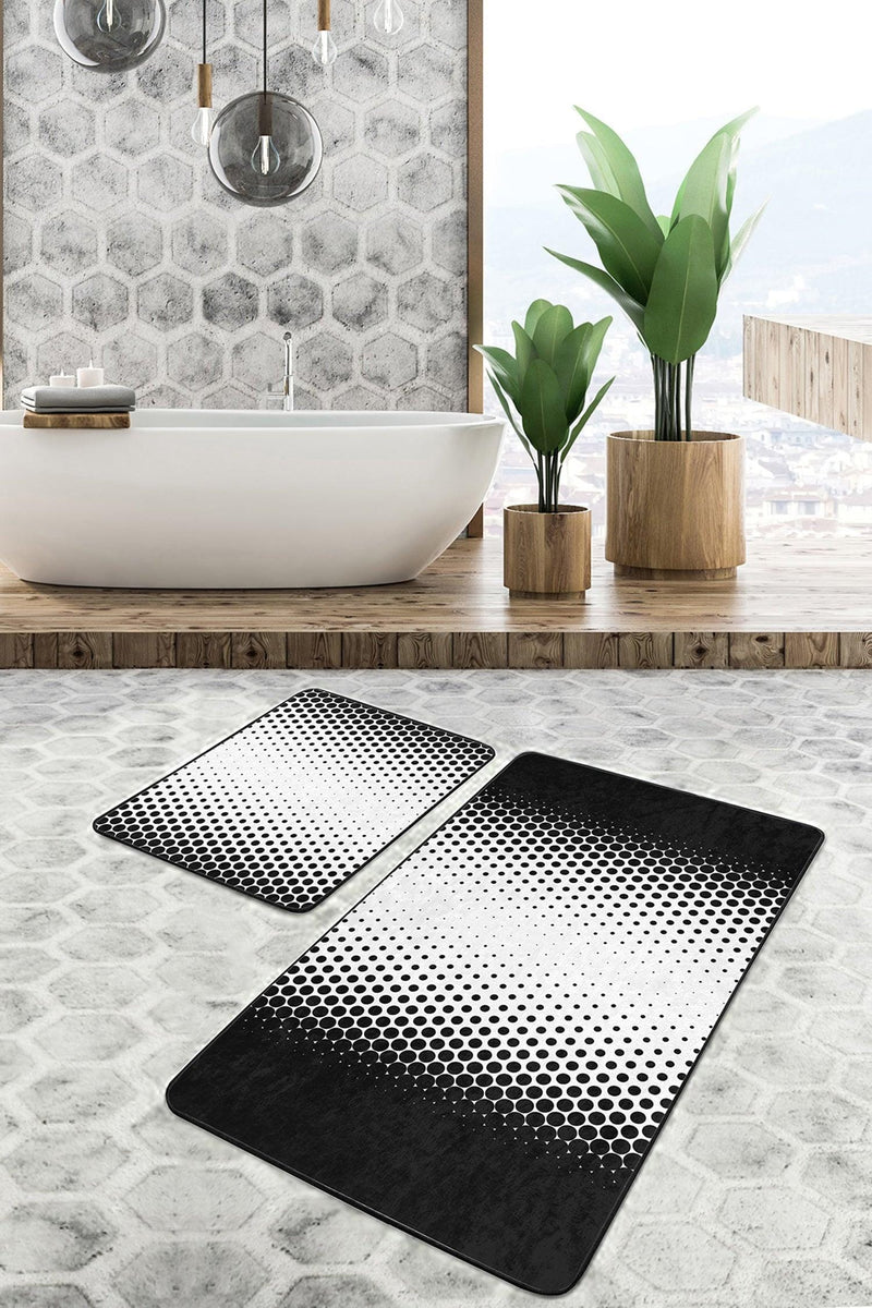 Siyah Beyaz Akustik Gradyan Geçişli 2li Banyo Halısı Takımı Kaymaz Taban Yıkanabilir Bonvagon