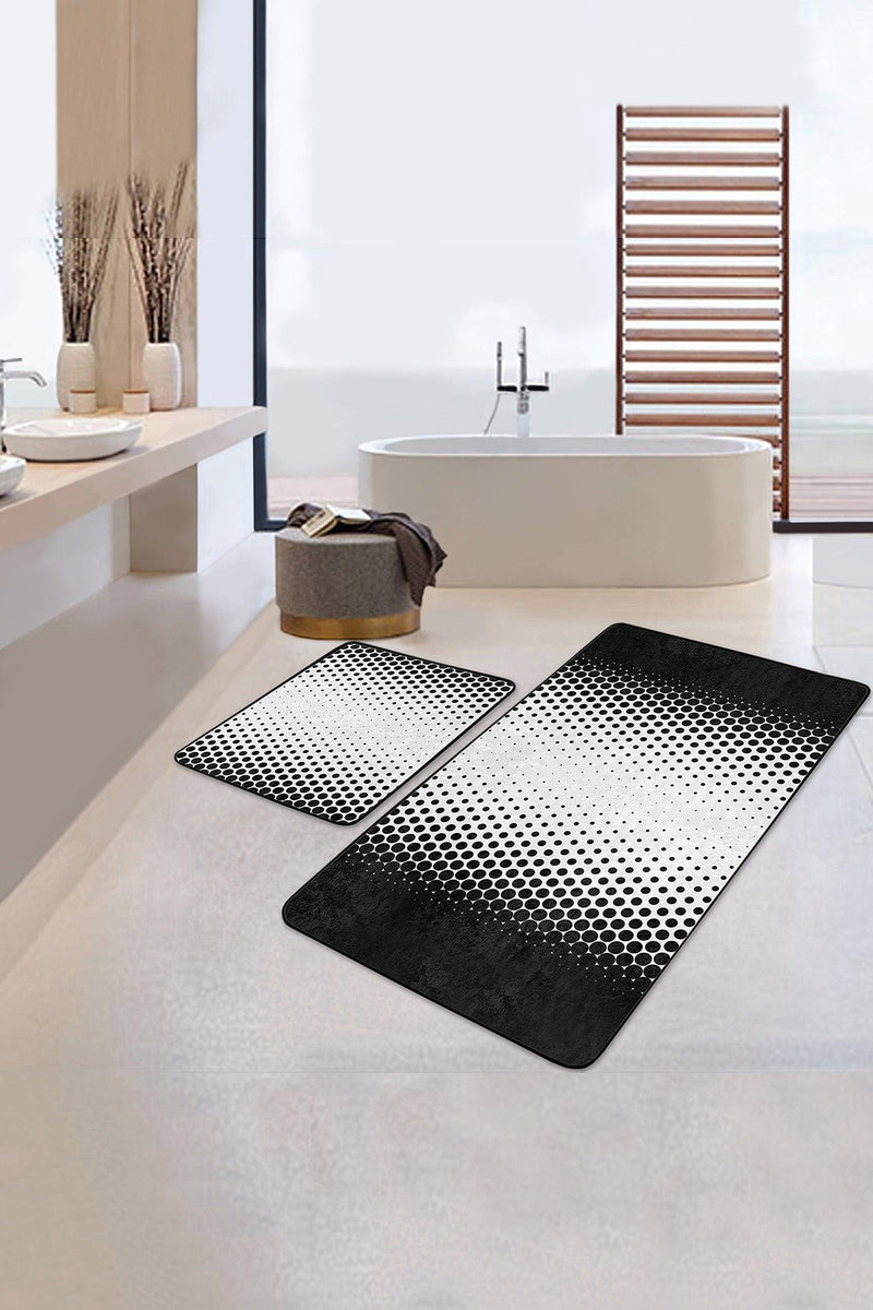 Siyah Beyaz Akustik Gradyan Geçişli 2li Banyo Halısı Takımı Kaymaz Taban Yıkanabilir Bonvagon