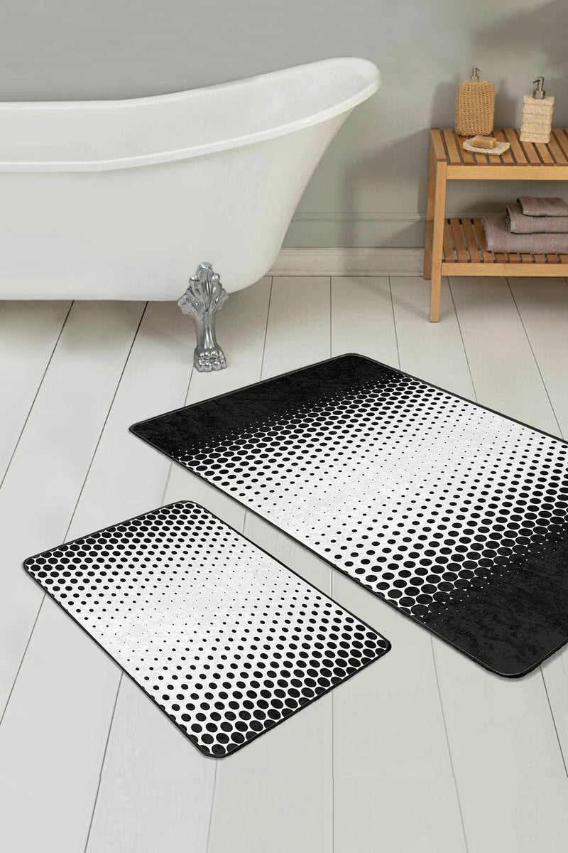 Siyah Beyaz Akustik Gradyan Geçişli 2li Banyo Paspas ve Halısı Takımı Kaymaz Taban Yıkanabilir