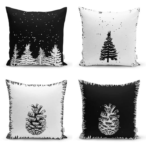 Siyah Beyaz Çam Ağacı & Kozalak Tasarımlı Dijital Baskılı Modern 4lü Kırlent Kılıfı Seti Bonvagon